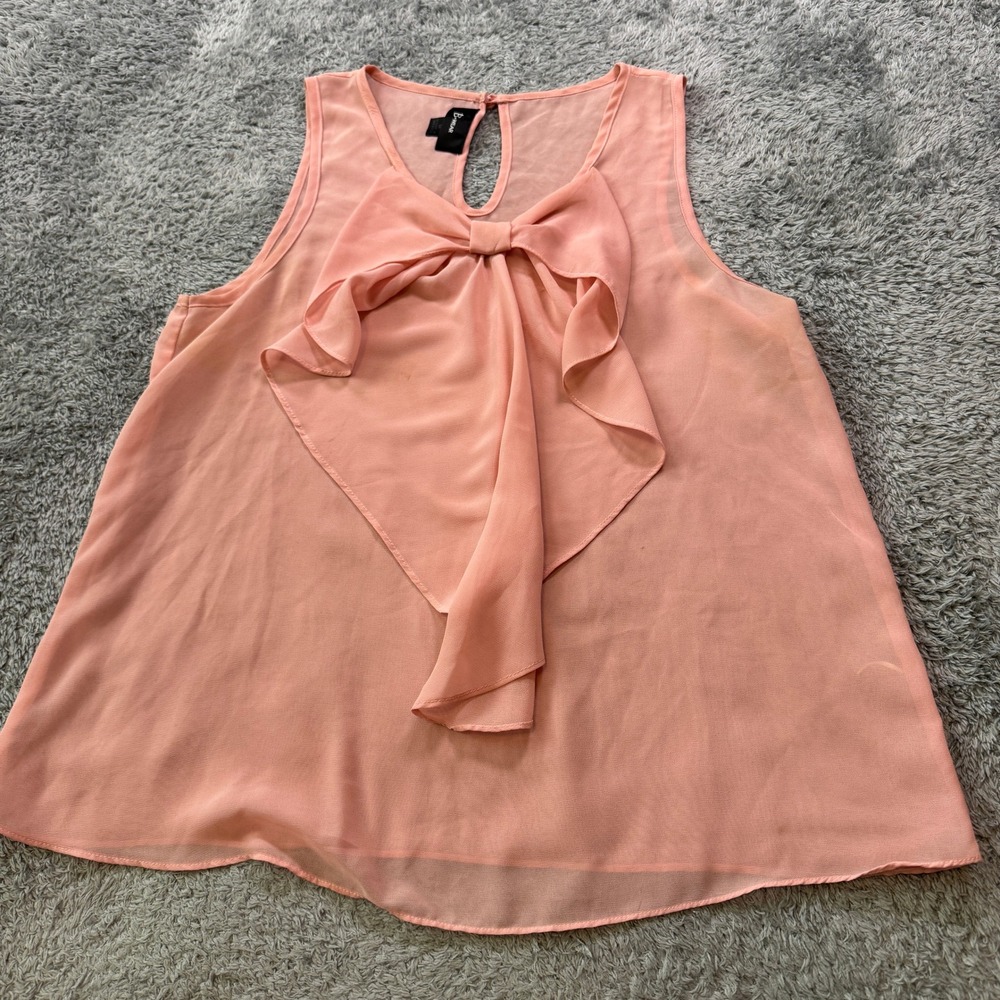 B-Wear Womens Bow Front Sleeveless Blouse Medium Pink Sheer Chiffon Top